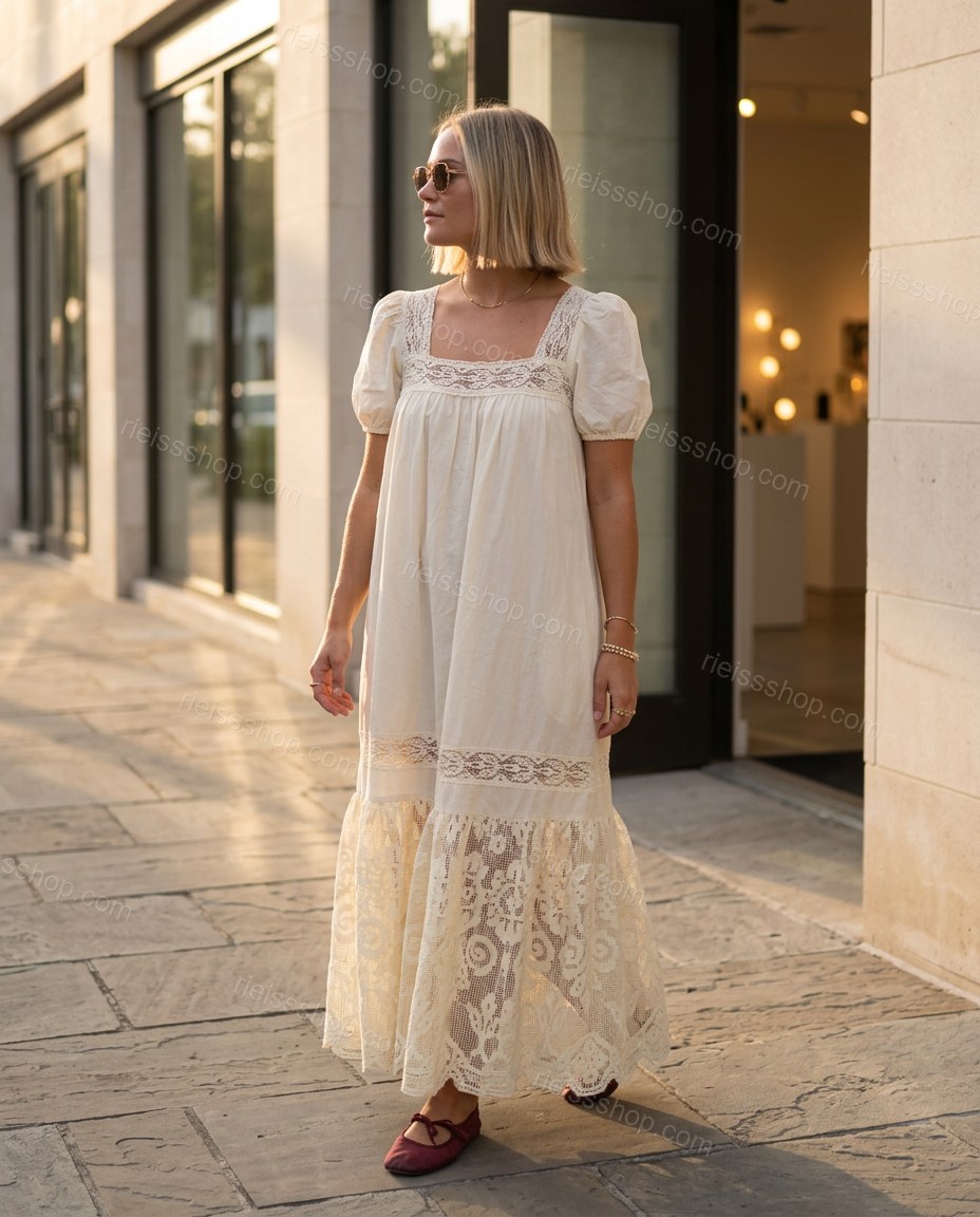 Cream Floral Maxi Tiered Dress, walking lifestyle view, by Rieissshop