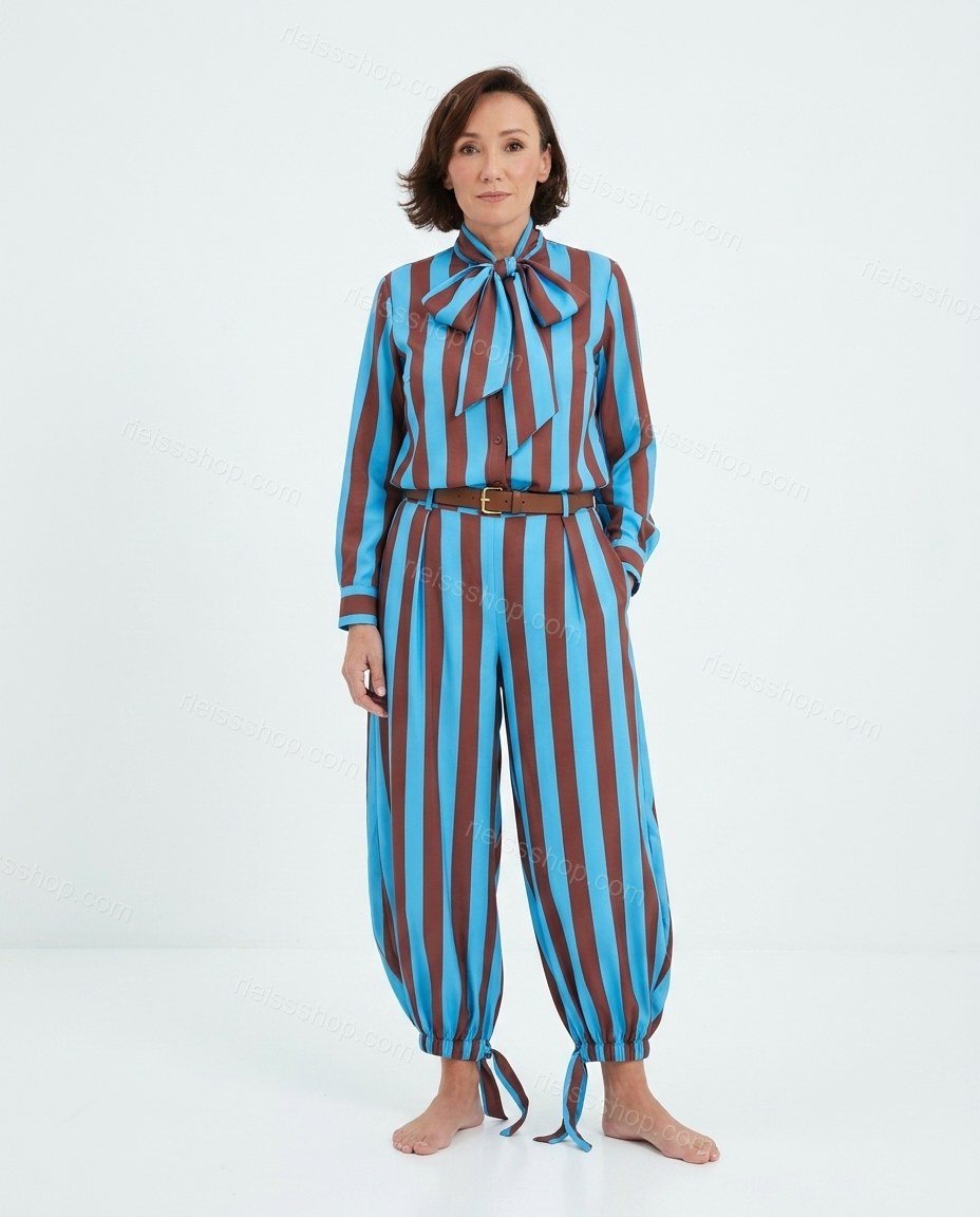 Brown Striped Pussy-Bow Jumpsuit, front studio view, by Rieissshop