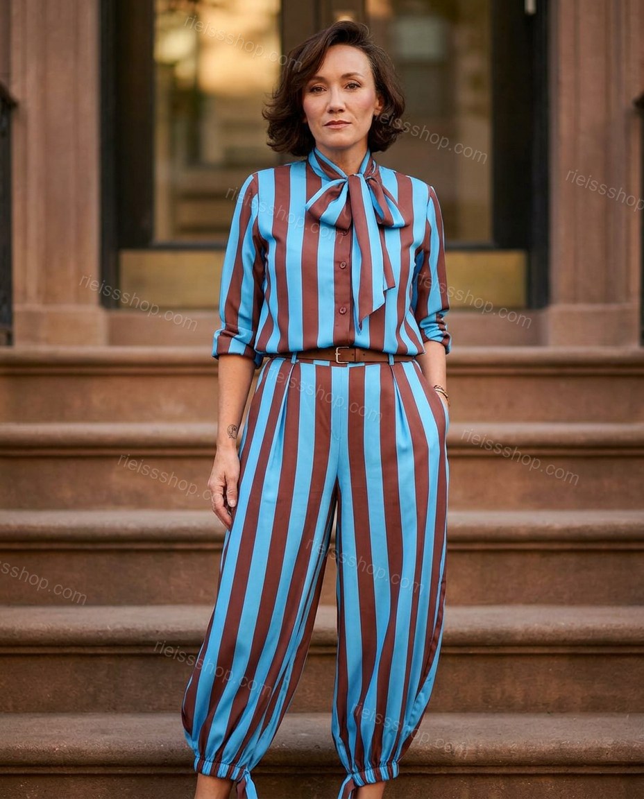 Brown Striped Pussy-Bow Jumpsuit, three-quarter brand lifestyle view, by Rieissshop