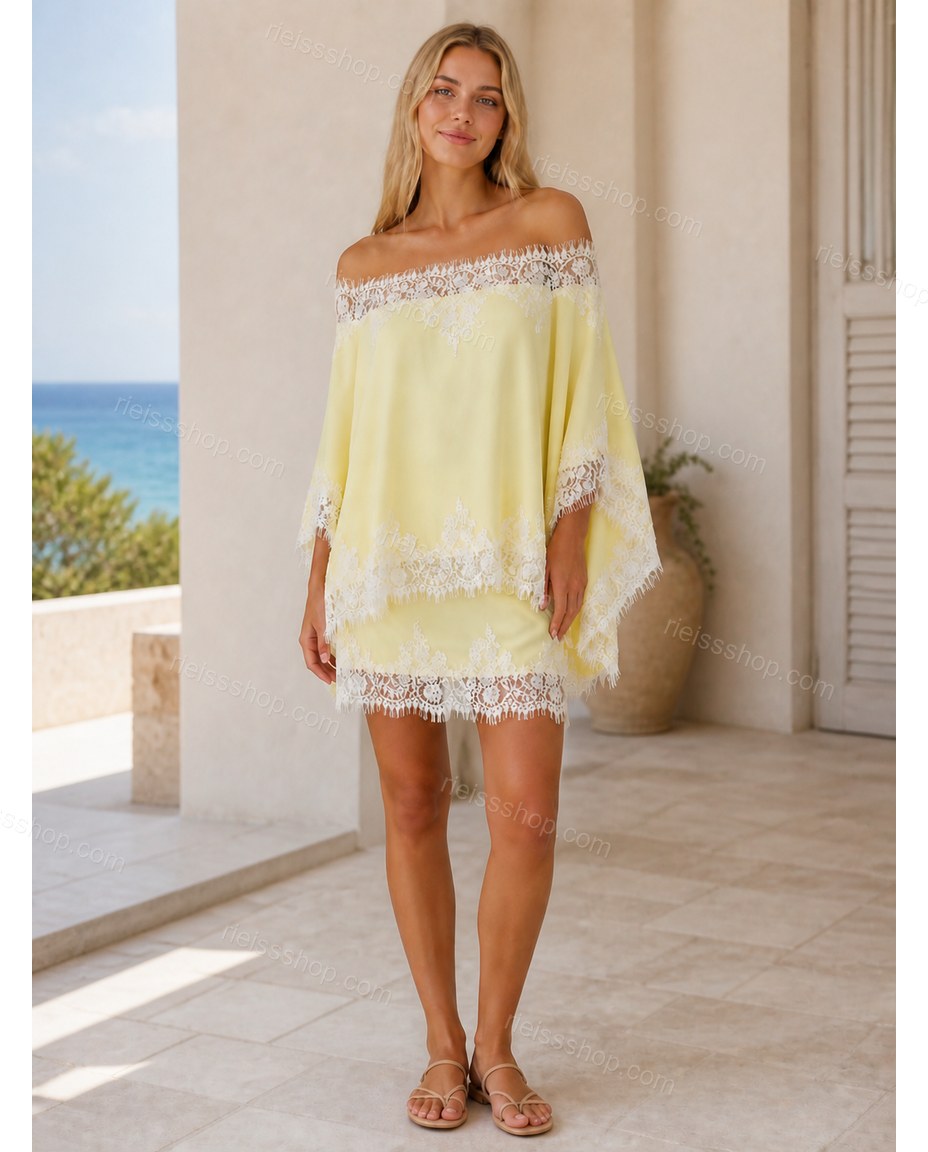 Yellow Mini Strapless Lace Dress, movement and fit lifestyle view, by Rieissshop