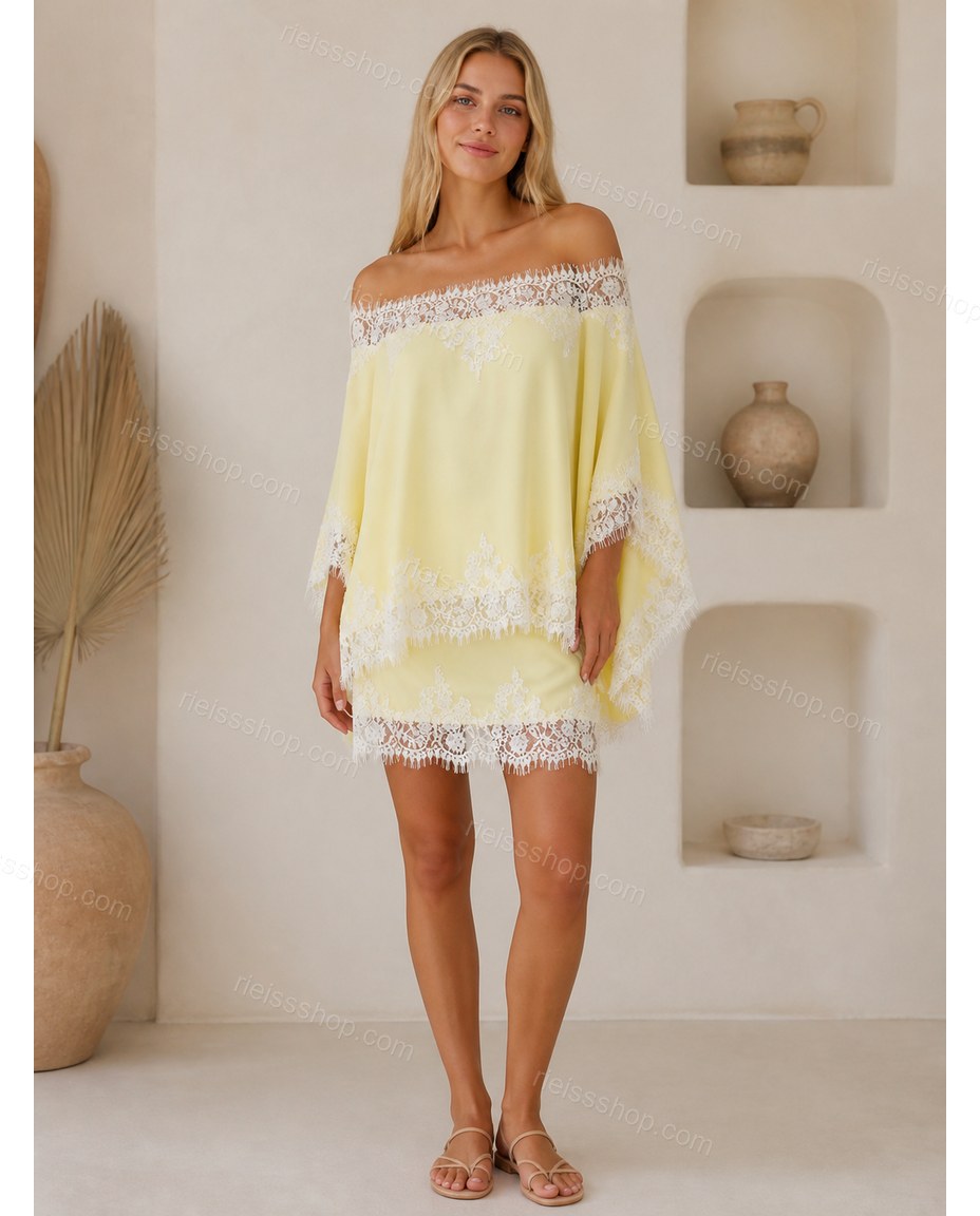 Yellow Mini Strapless Lace Dress, full-length hero view, by Rieissshop