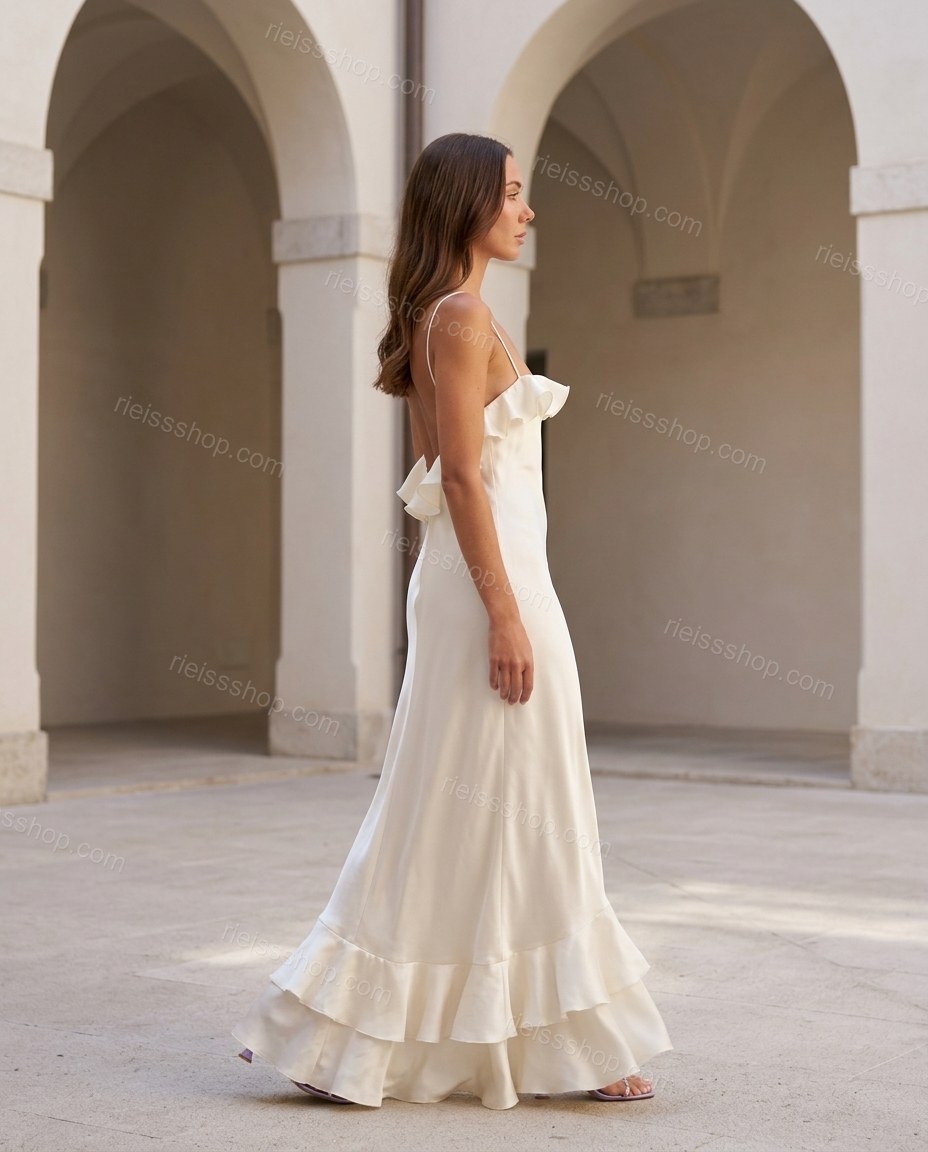 Off-white Maxi Ruffled Satin Dress, walking lifestyle view, by Rieissshop