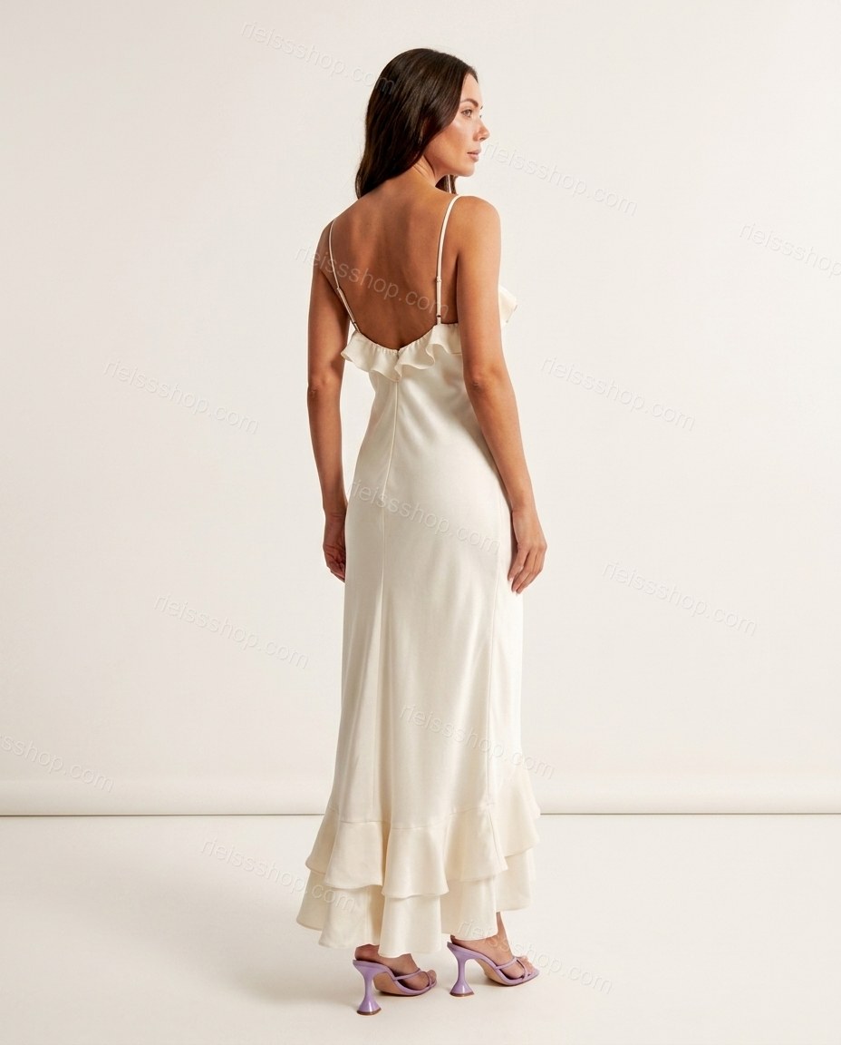 Off-white Maxi Ruffled Satin Dress, back studio view showing low back with delicate spaghetti straps and ruffle trim, by Rieissshop
