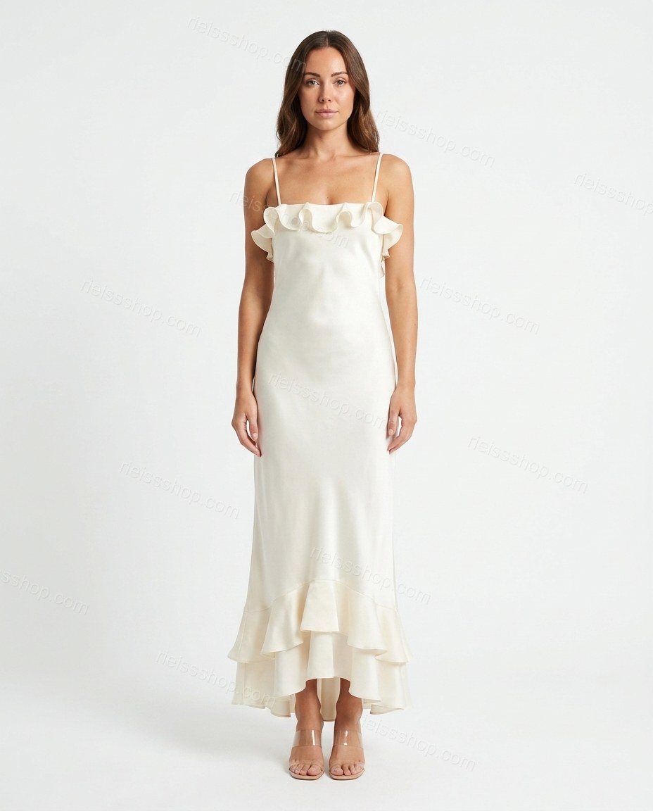 Off-white Maxi Ruffled Satin Dress, front studio view, by Rieissshop