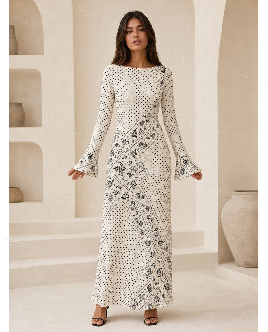 Off-white Floral Maxi Knit Dress, full-length hero view, by Rieissshop
