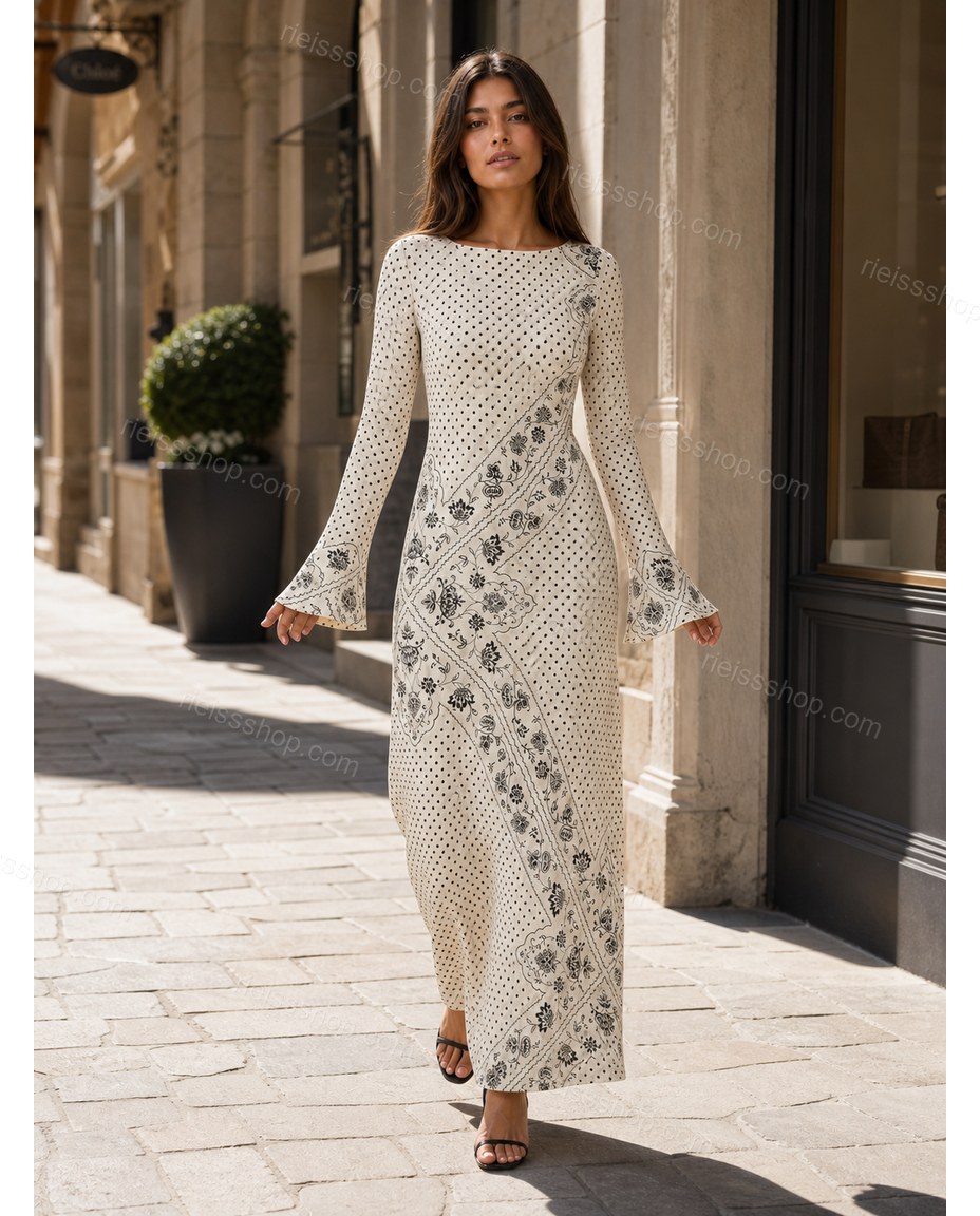Off-white Floral Maxi Knit Dress, walking lifestyle view, by Rieissshop