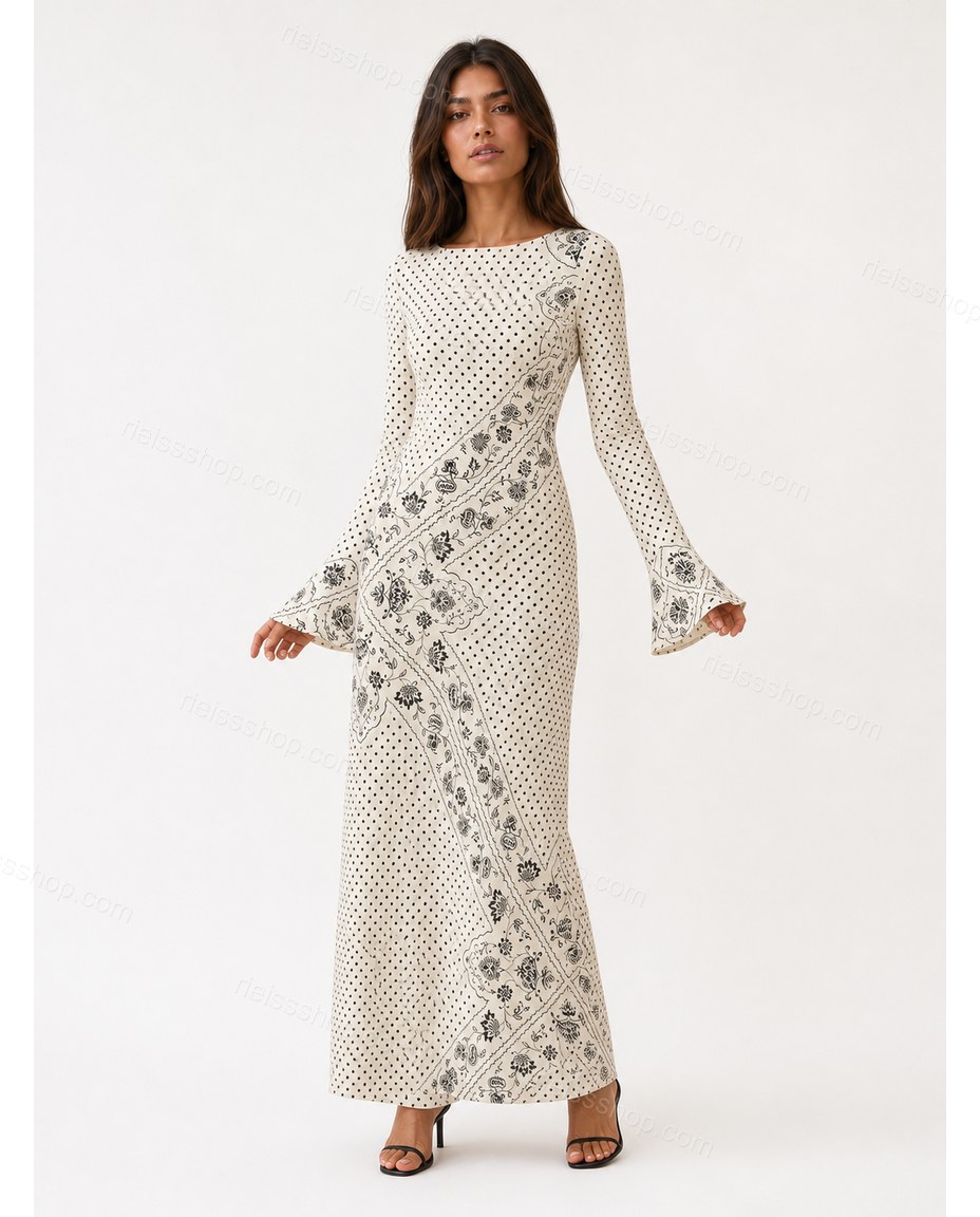 Off-white Floral Maxi Knit Dress, side and back studio view, by Rieissshop