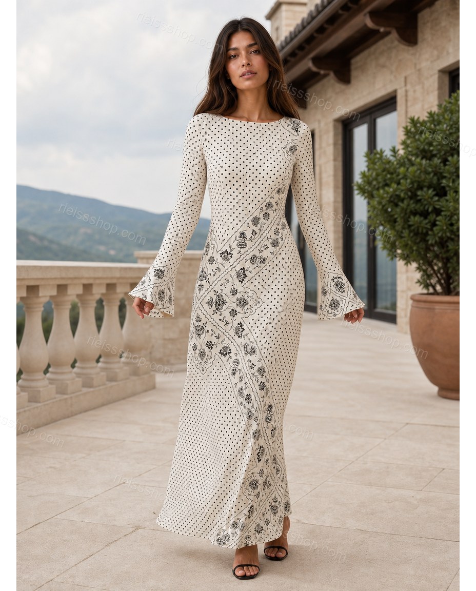 Off-white Floral Maxi Knit Dress, alternate use-case lifestyle view, by Rieissshop