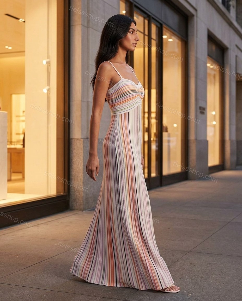 Cream Striped Maxi Knit Dress, movement and fit lifestyle view, by Rieissshop