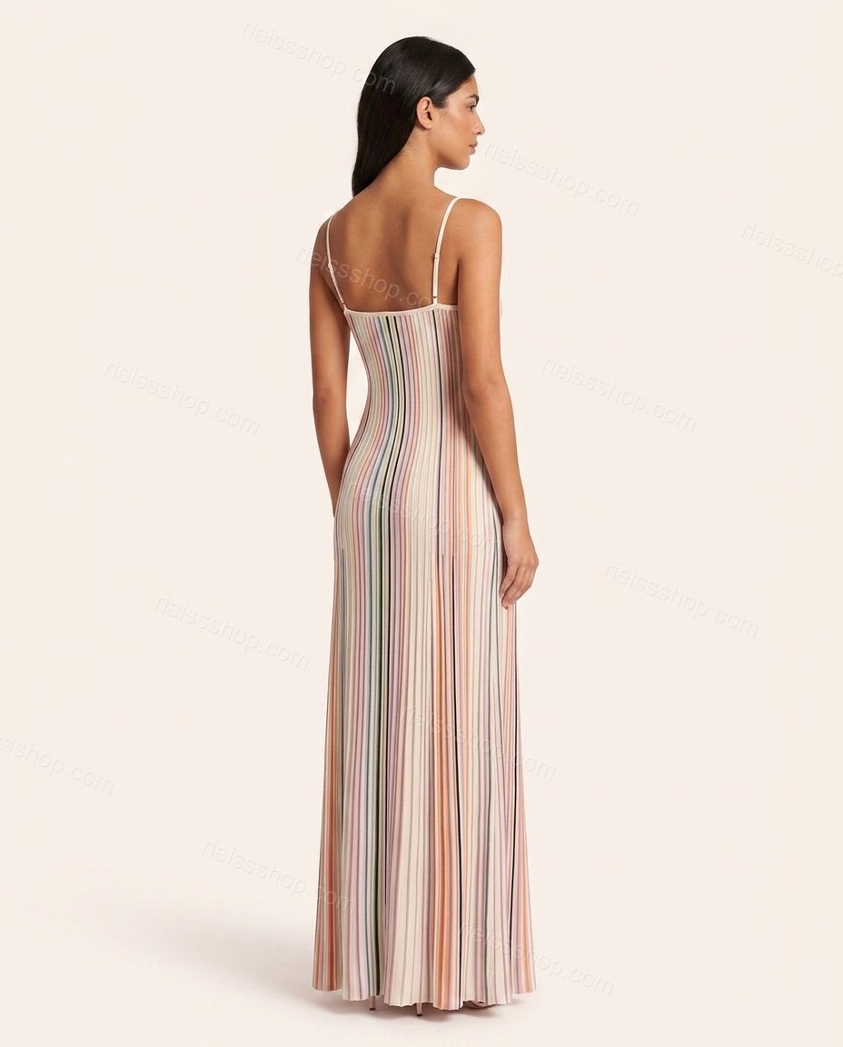 Cream Striped Maxi Knit Dress, back studio view showing straight back, spaghetti straps, vertical stripes, by Rieissshop