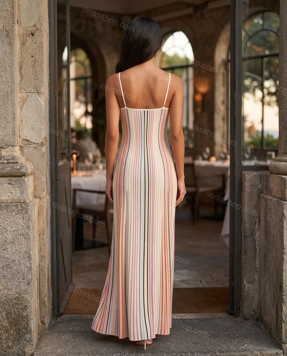 Cream Striped Maxi Knit Dress, alternate use-case lifestyle view, by Rieissshop