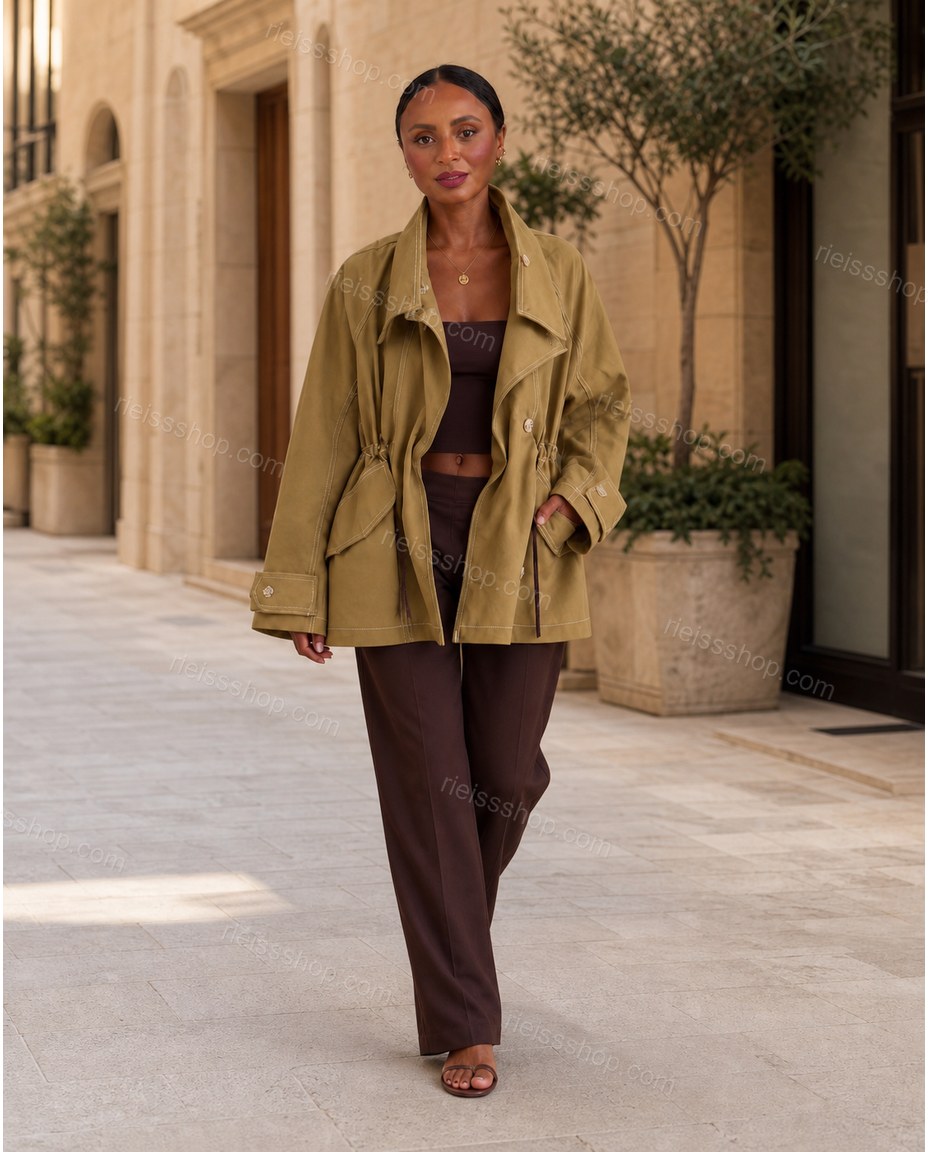 Olive Green Modern Textured Two-Piece Set Olive Green Two-Piece Set with Relaxed Fit silhouette and Textured texture, outdoor styling image for Day-to-Night, a transitional city plan, Fall late-summer city plans and early-fall occasions, US East / Hampton by Rieissshop