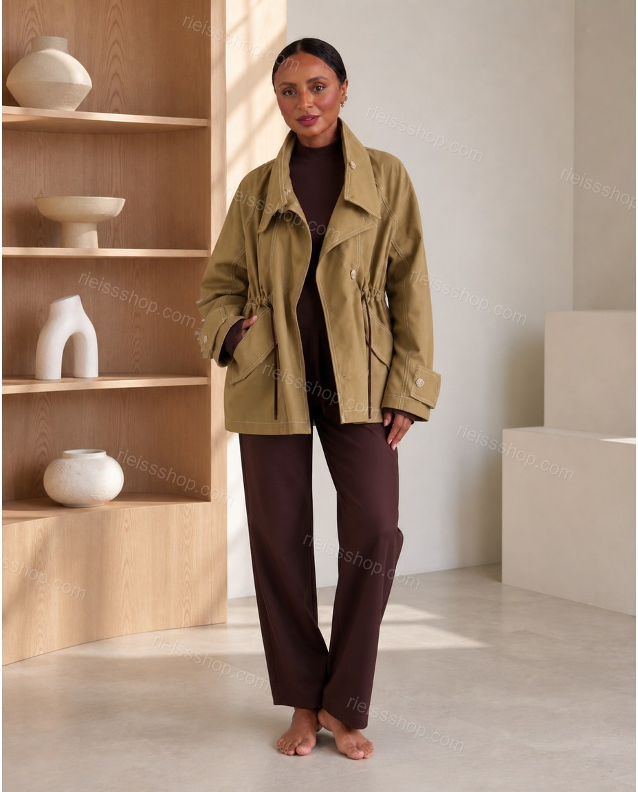 Olive Green Modern Textured Two-Piece Set Olive Green Two-Piece Set with Relaxed Fit silhouette and Textured texture, lifestyle scene image for Day-to-Night, a transitional city plan, Fall late-summer city plans and early-fall occasions, US East / Hampton by Rieissshop