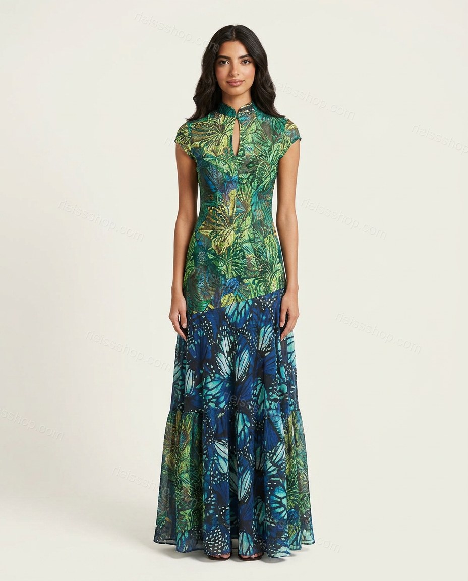 Green Maxi Tiered Dress, front studio view, by Rieissshop