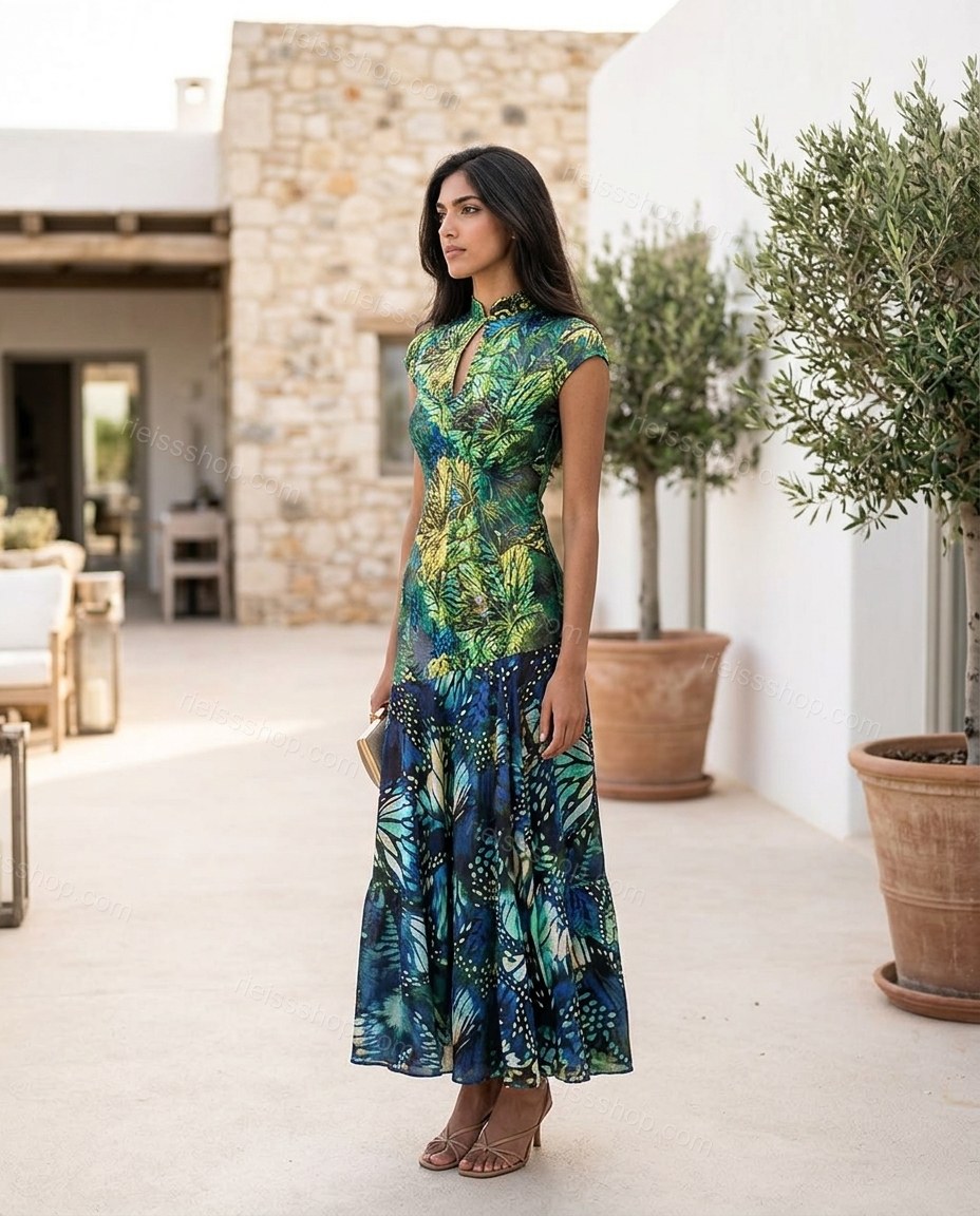 Green Maxi Tiered Dress, three-quarter brand lifestyle view, by Rieissshop