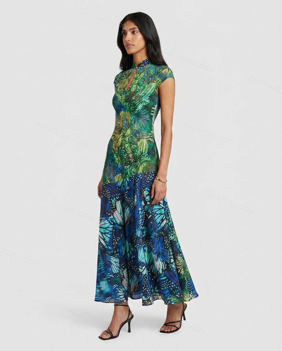 Green Maxi Tiered Dress, side and back studio view showing fitted rear silhouette matching the front print, by Rieissshop