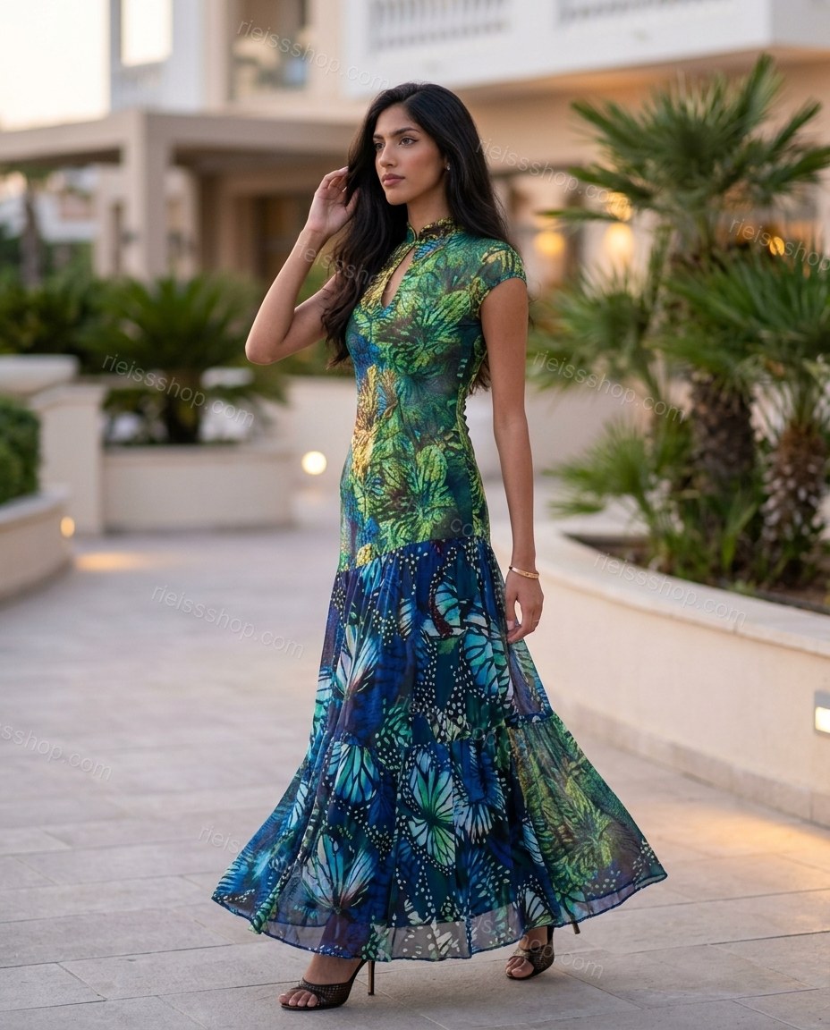Green Maxi Tiered Dress, walking lifestyle view, by Rieissshop