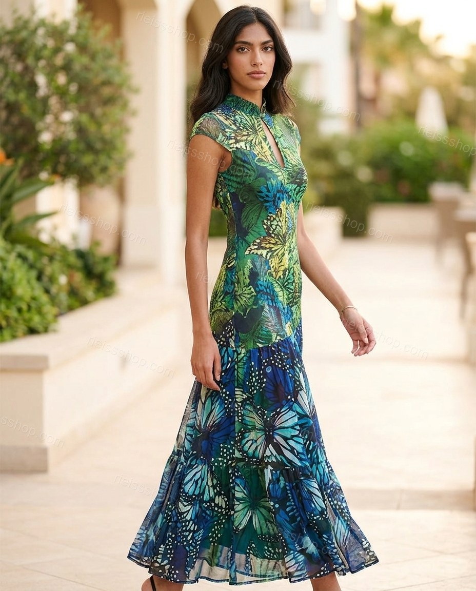 Green Maxi Tiered Dress, movement and fit lifestyle view, by Rieissshop