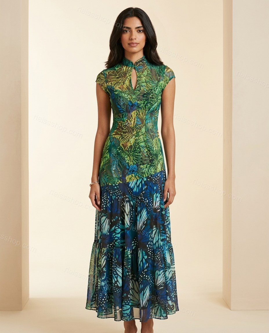 Green Maxi Tiered Dress, full-length hero view, by Rieissshop
