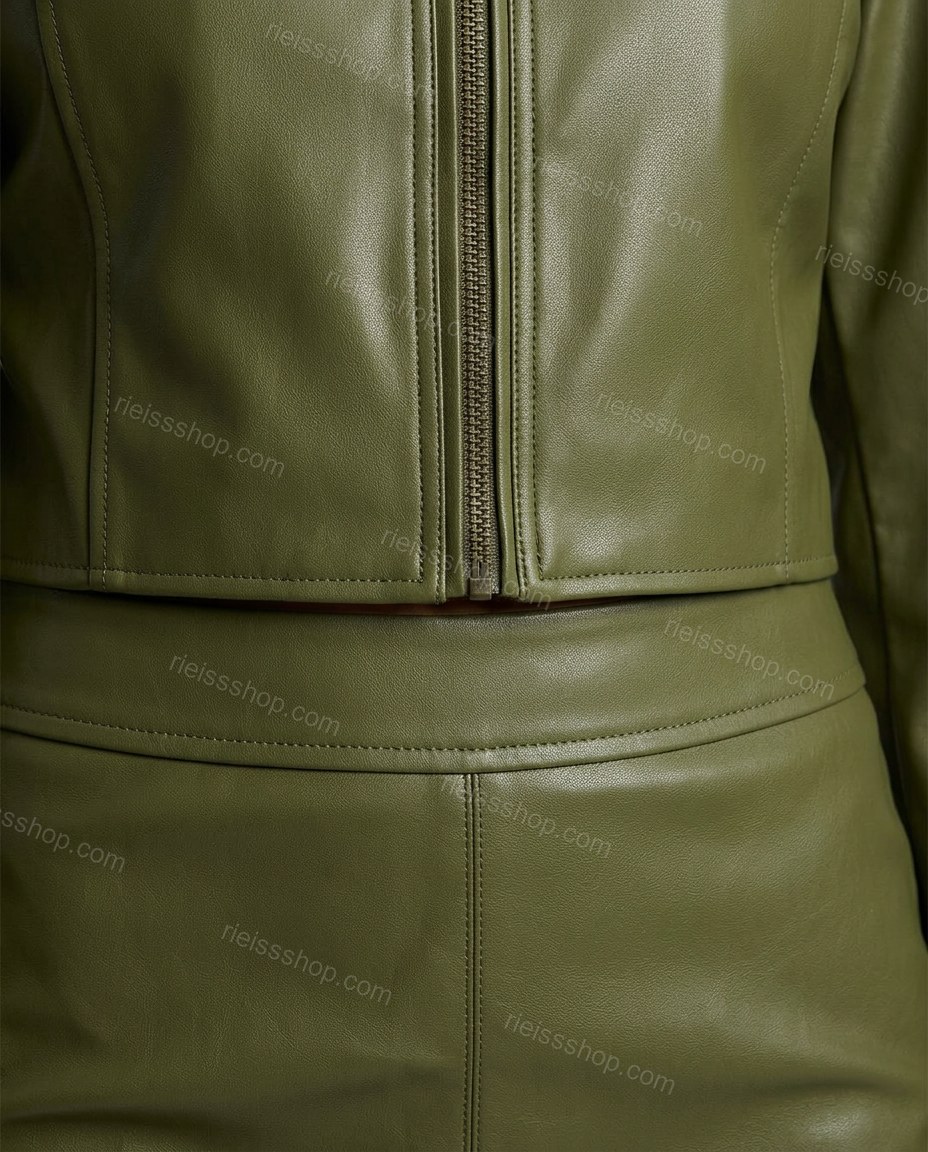 Olive Green Skirt Set, close-up of jacket: notched lapels, jacket: padded shoulders and skirt: back slit, by Rieissshop