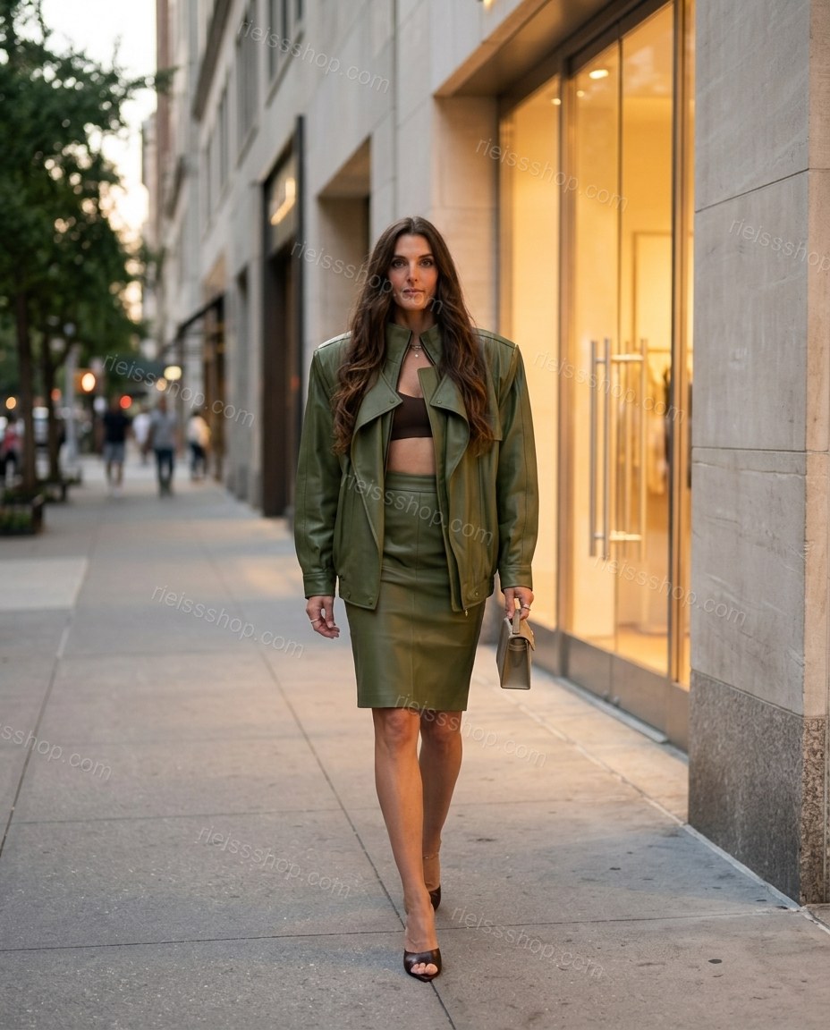 Olive Green Skirt Set, movement and fit lifestyle view, by Rieissshop