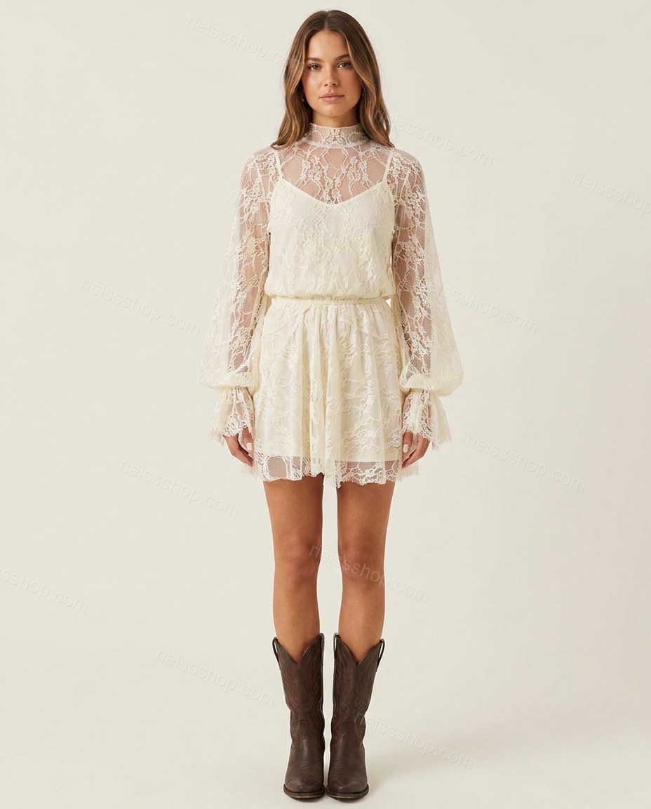 Cream Floral Mini Ruffled Dress, front studio view, by Rieissshop