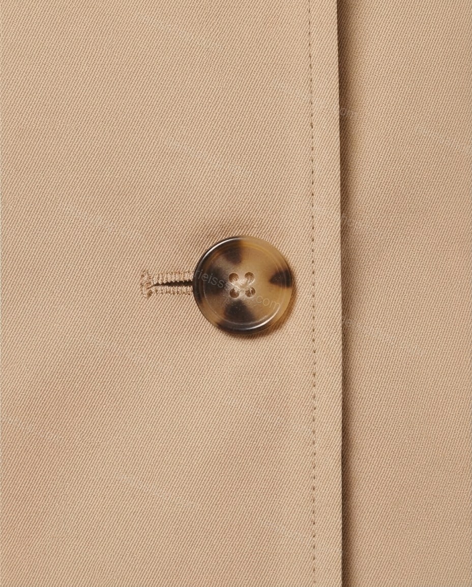 Beige Cape Pants Set, close-up of double-breasted, capelet overlay and tortoiseshell buttons, by Rieissshop