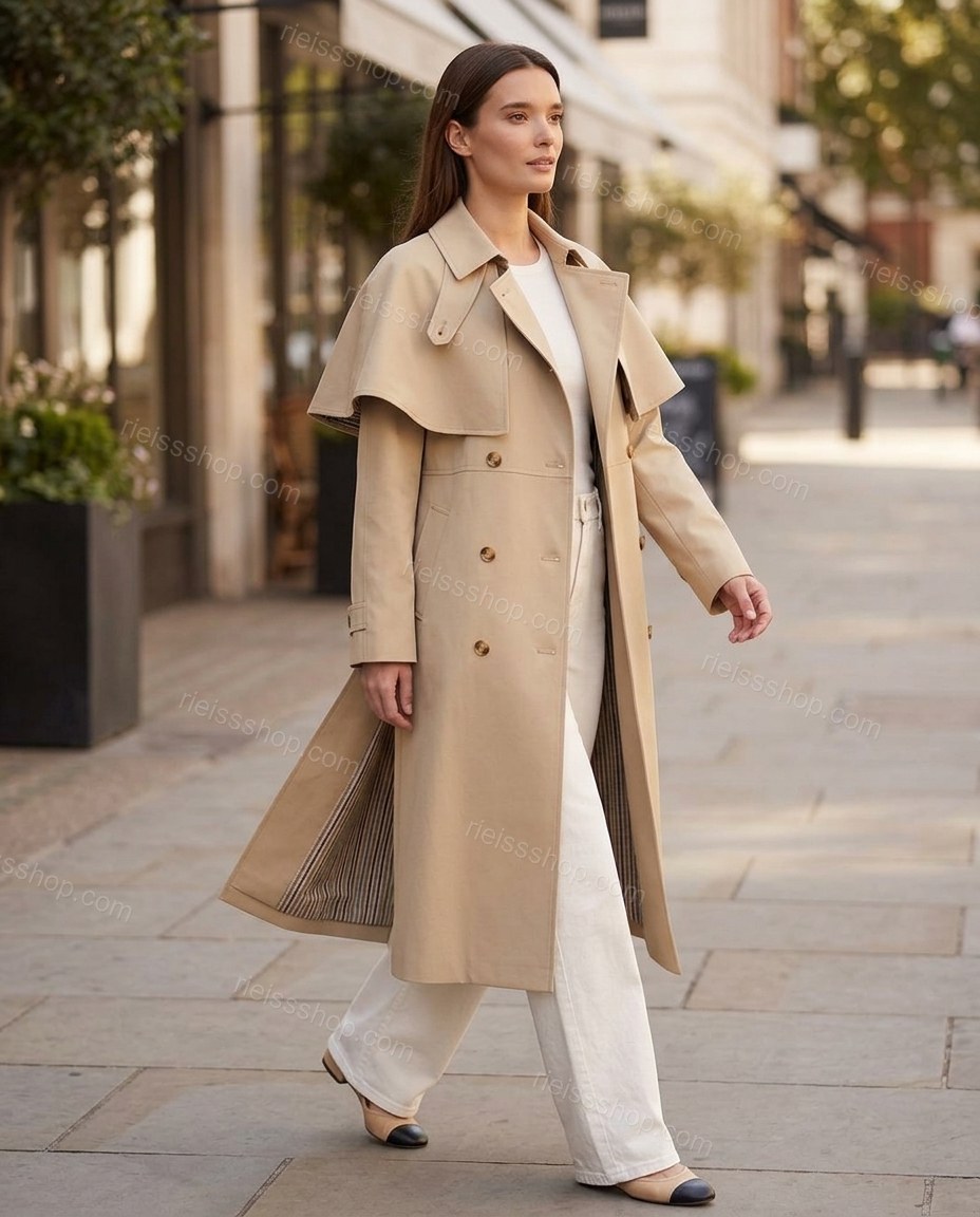 Beige Cape Pants Set, walking lifestyle view, by Rieissshop
