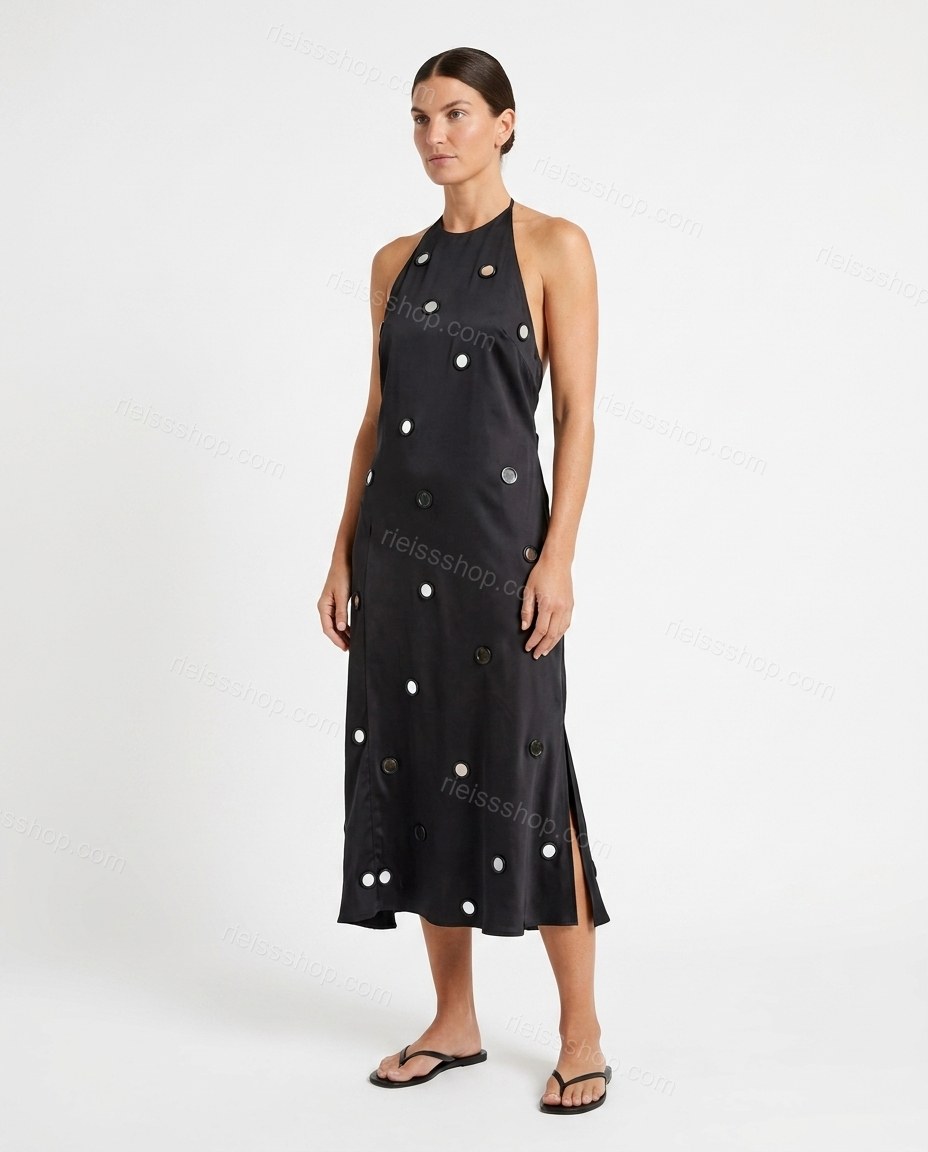 Black Midi Halter Mirror-Disc Dress, side and back studio view, by Rieissshop