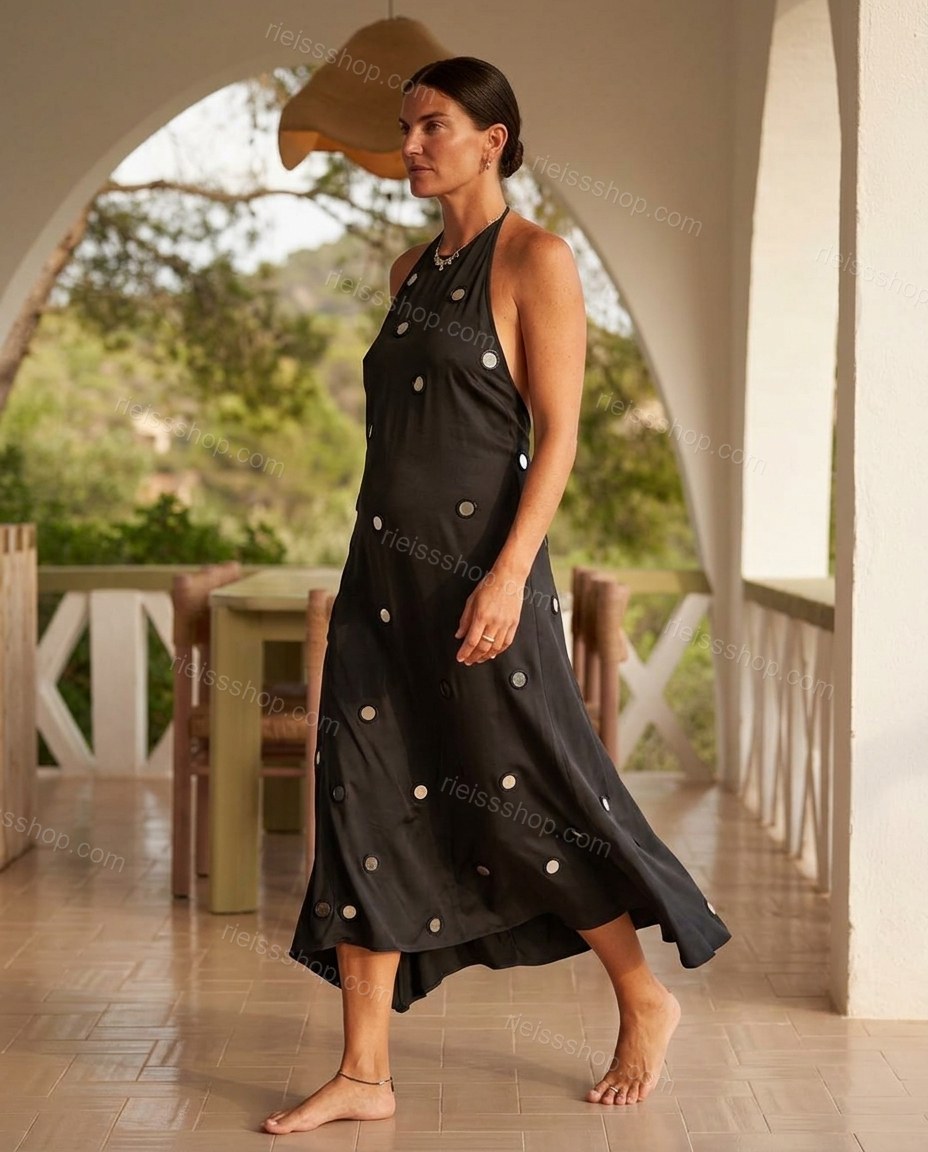Black Midi Halter Mirror-Disc Dress, walking lifestyle view, by Rieissshop