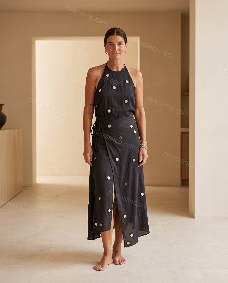 Black Midi Halter Mirror-Disc Dress, full-length hero view, by Rieissshop