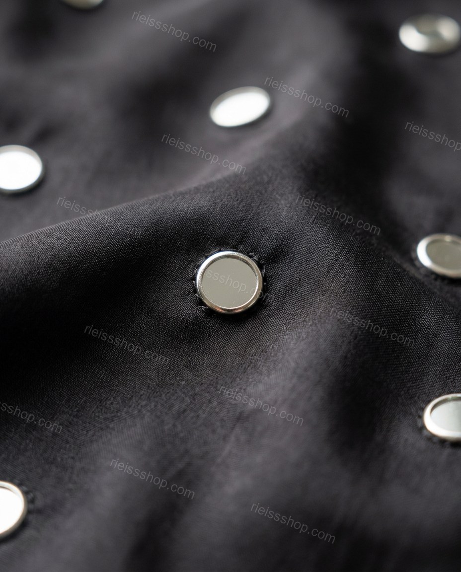 Black Midi Halter Mirror-Disc Dress, close-up of silver accents, halter neck and mirror embellishments, by Rieissshop