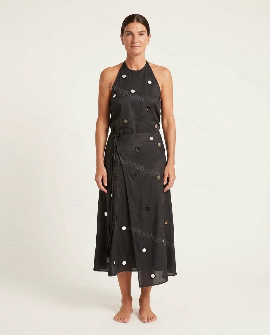 Black Midi Halter Mirror-Disc Dress, front studio view, by Rieissshop