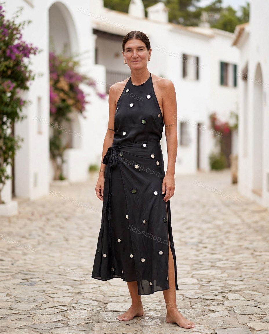 Black Midi Halter Mirror-Disc Dress, alternate use-case lifestyle view, by Rieissshop
