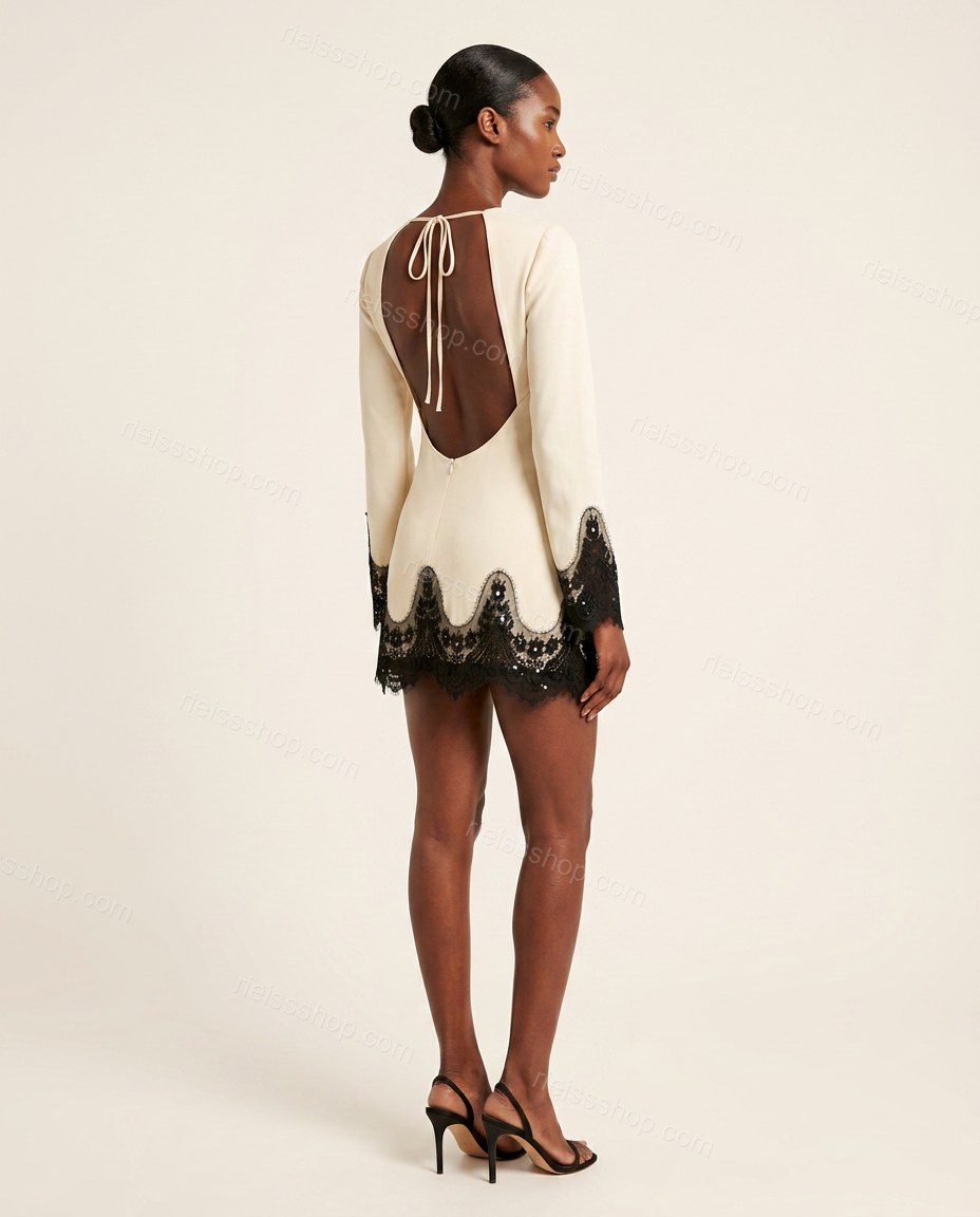 Black Mini Open-Back Lace Dress, back studio view showing open back with lace trim, by Rieissshop