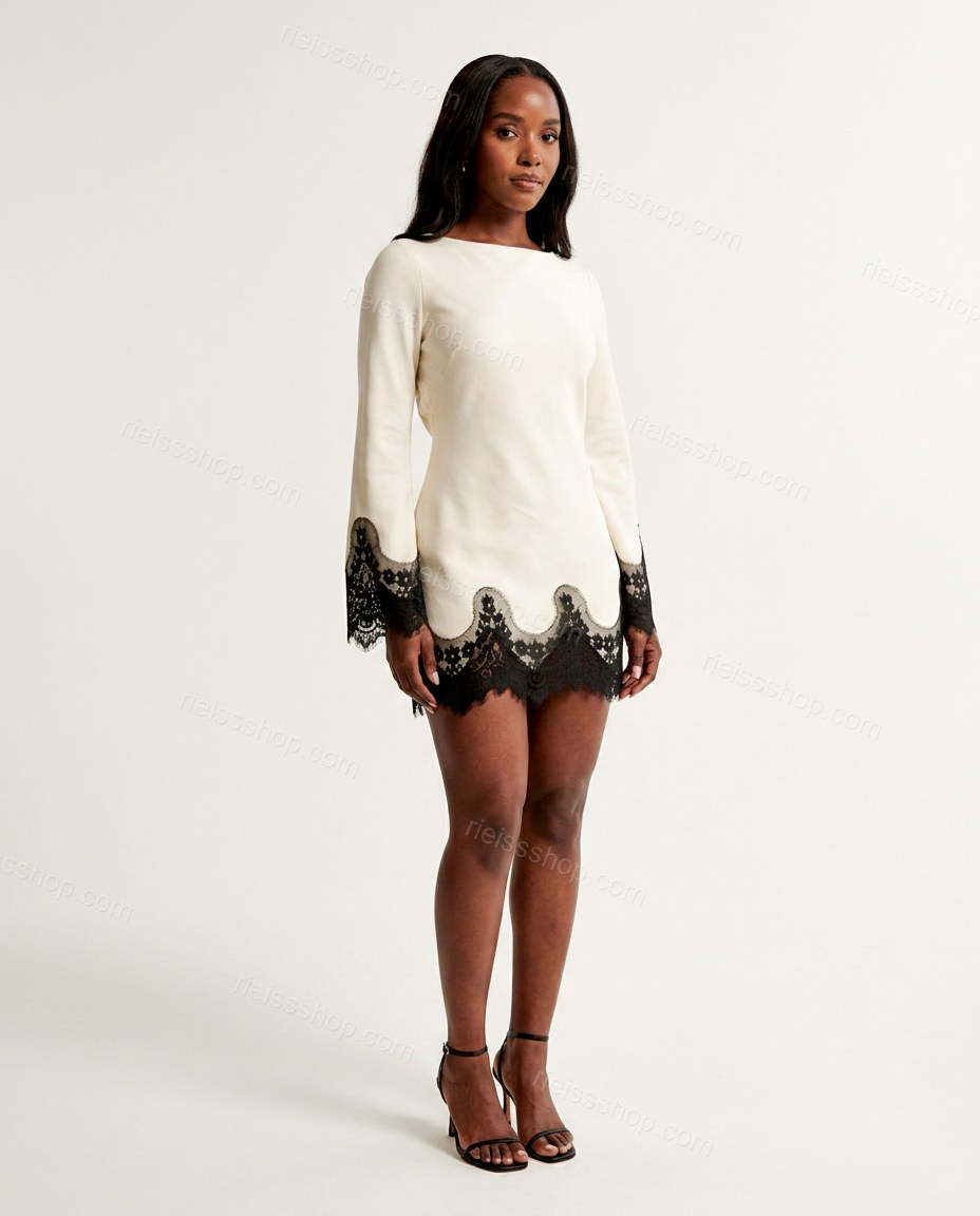 Black Mini Open-Back Lace Dress, front studio view, by Rieissshop