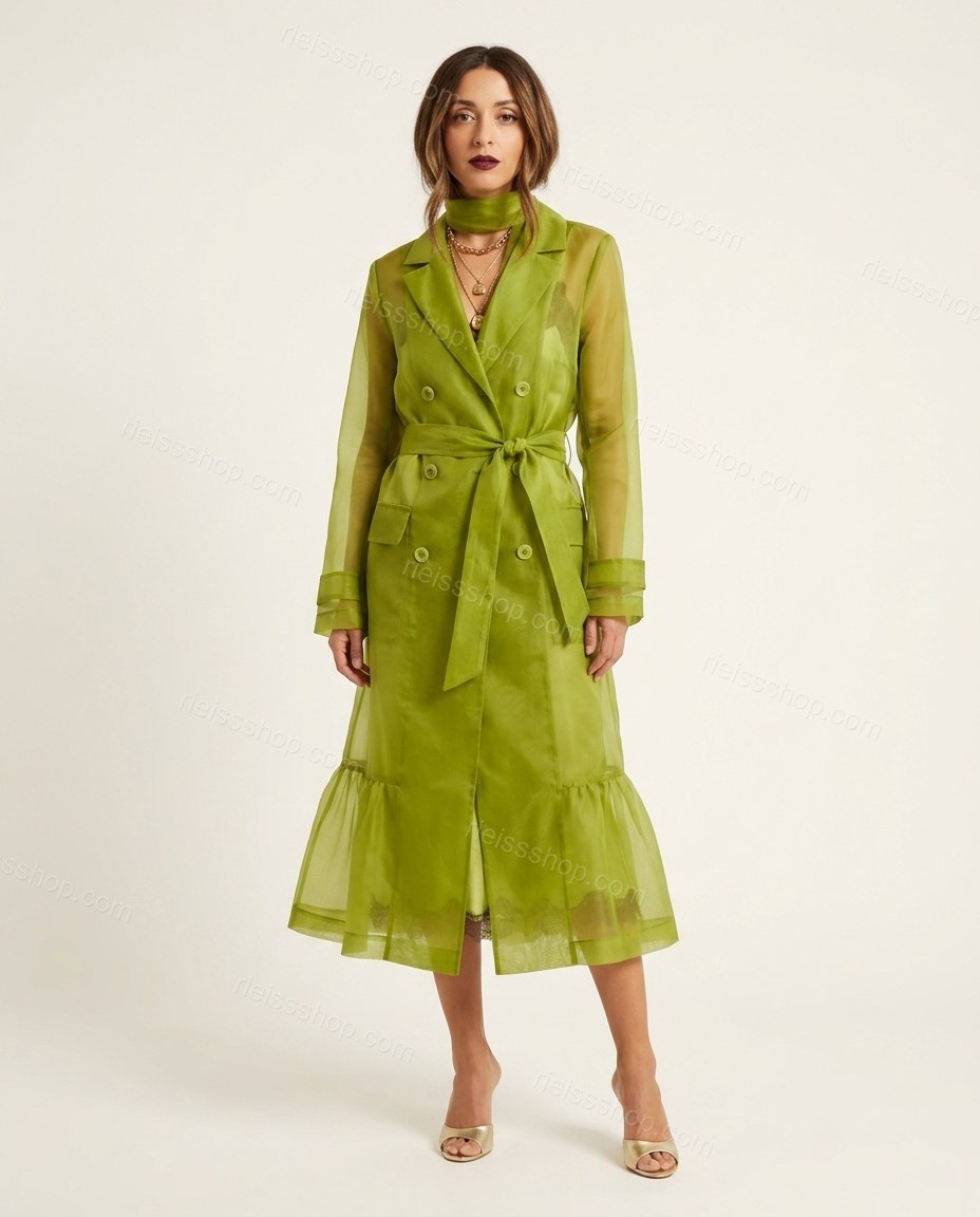 Lime Green Ruffled Coat, front studio view, by Rieissshop