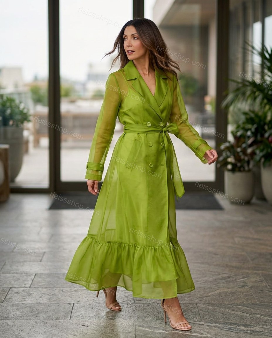 Lime Green Ruffled Coat, walking lifestyle view, by Rieissshop