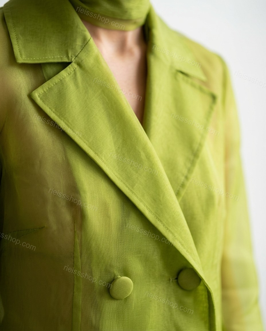 Lime Green Ruffled Coat, close-up of notched lapels, double-breasted buttons and tie waist, by Rieissshop