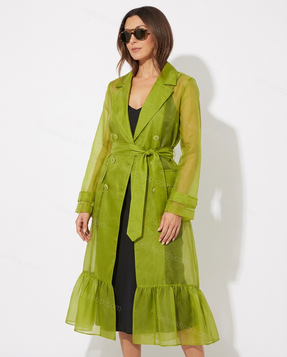 Lime Green Ruffled Coat, side and back studio view showing not visible, by Rieissshop