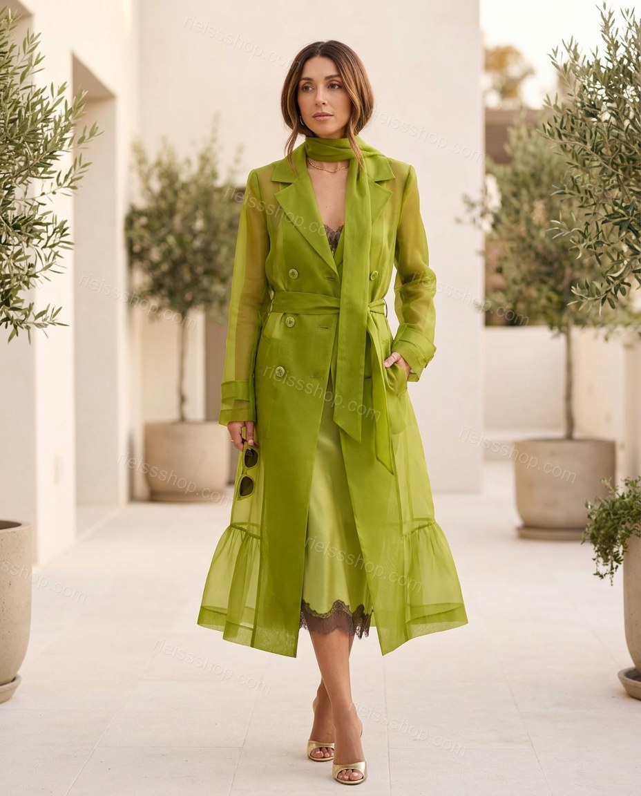Lime Green Ruffled Coat, full-length hero view, by Rieissshop