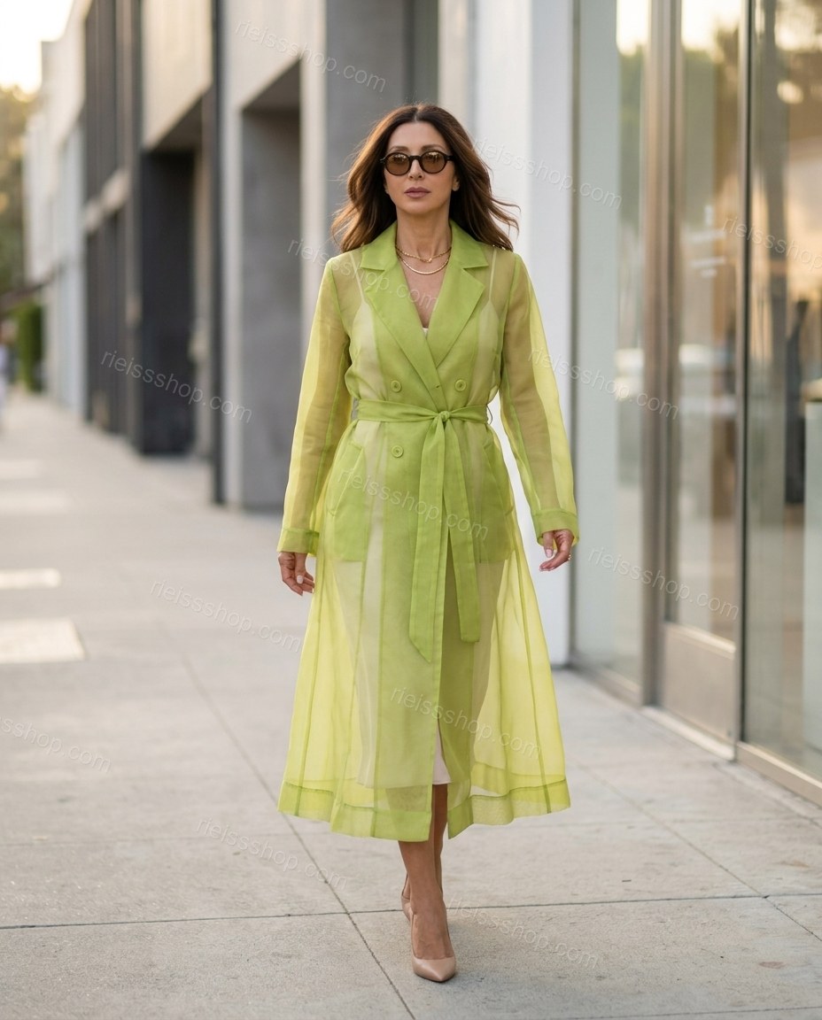 Lime Green Ruffled Coat, movement and fit lifestyle view, by Rieissshop