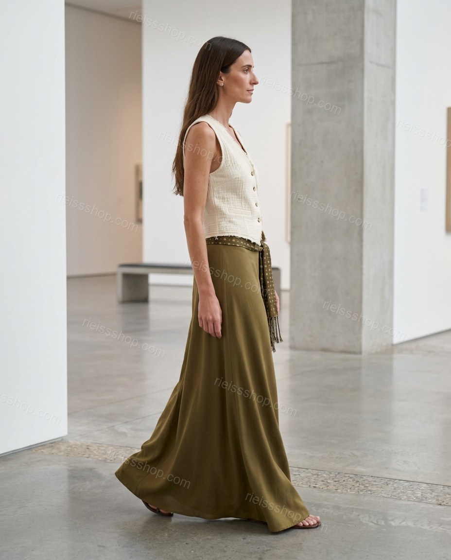 Olive Green Geometric Maxi Skirt Set, movement and fit lifestyle view, by Rieissshop