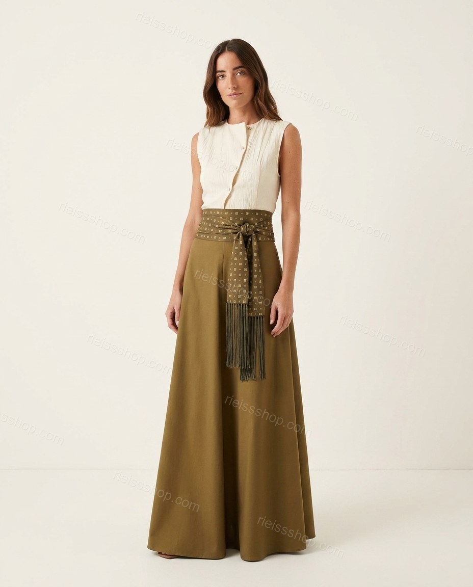 Olive Green Geometric Maxi Skirt Set, front studio view, by Rieissshop