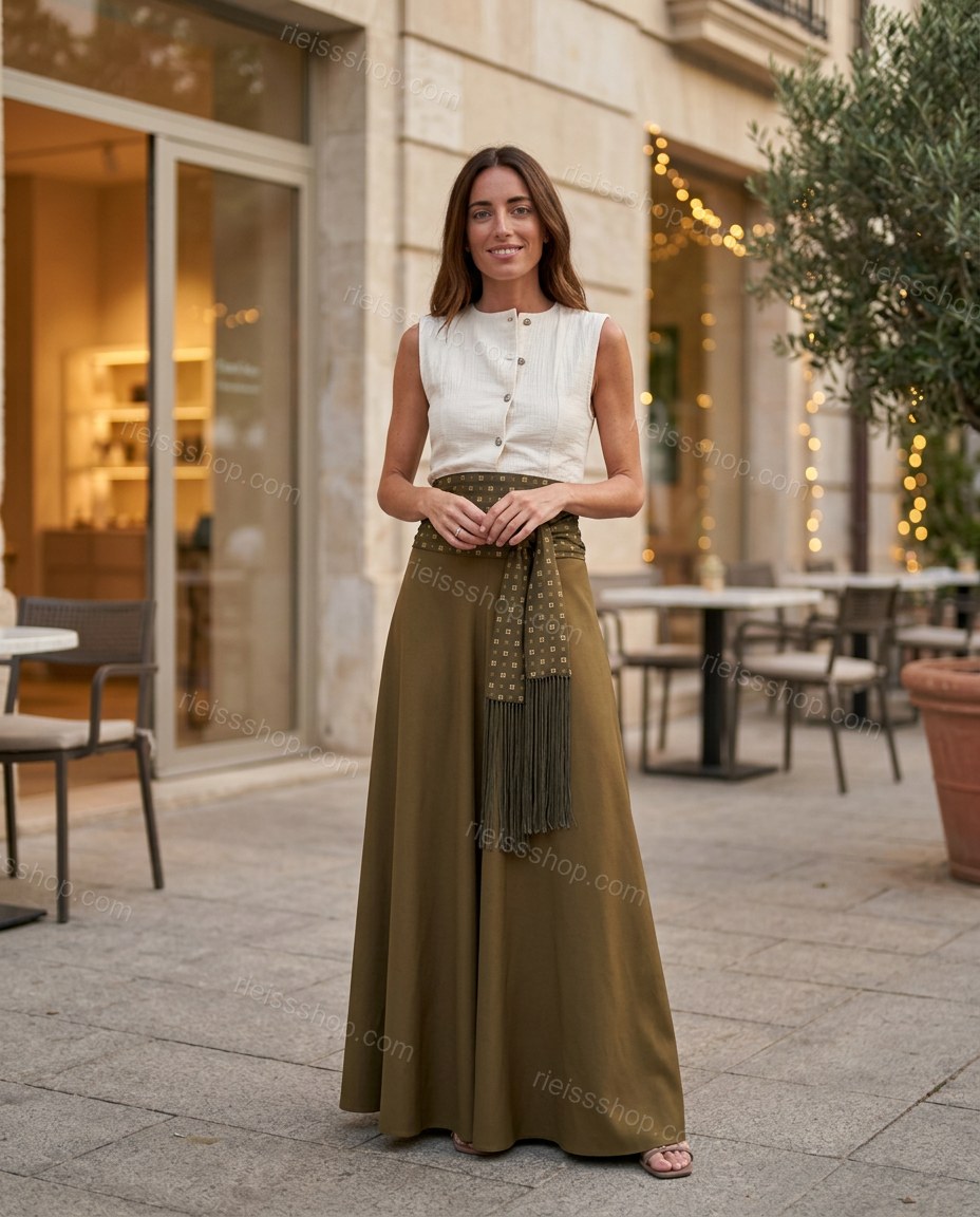 Olive Green Geometric Maxi Skirt Set, three-quarter brand lifestyle view, by Rieissshop
