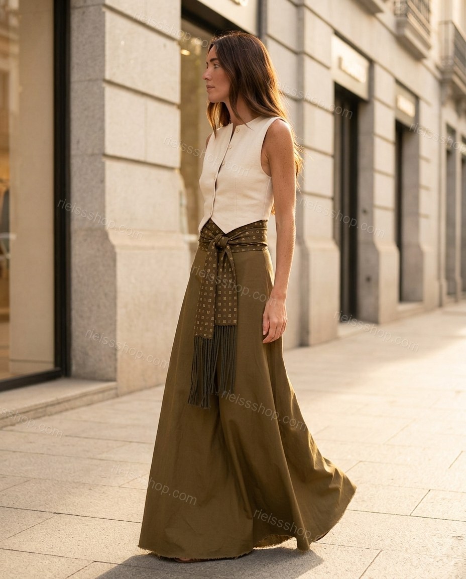 Olive Green Geometric Maxi Skirt Set, walking lifestyle view, by Rieissshop