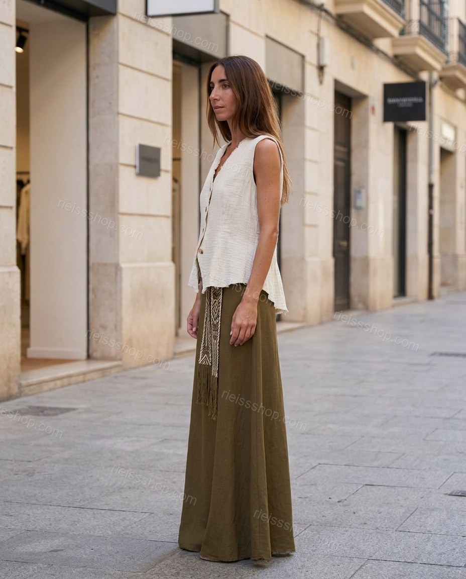 Olive Green Geometric Maxi Skirt Set, alternate use-case lifestyle view, by Rieissshop