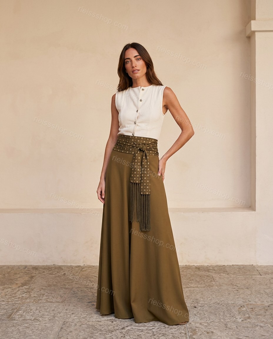 Olive Green Geometric Maxi Skirt Set, full-length hero view, by Rieissshop
