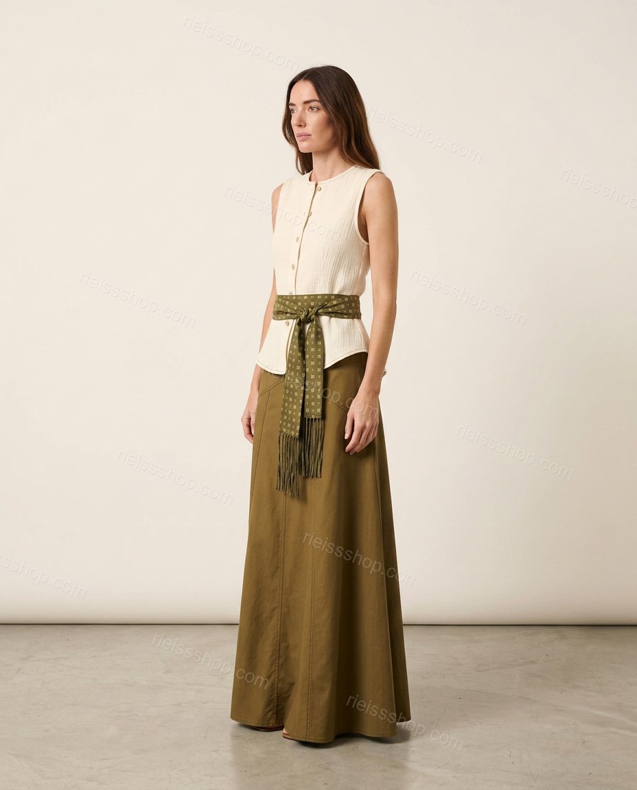 Olive Green Geometric Maxi Skirt Set, side and back studio view, by Rieissshop