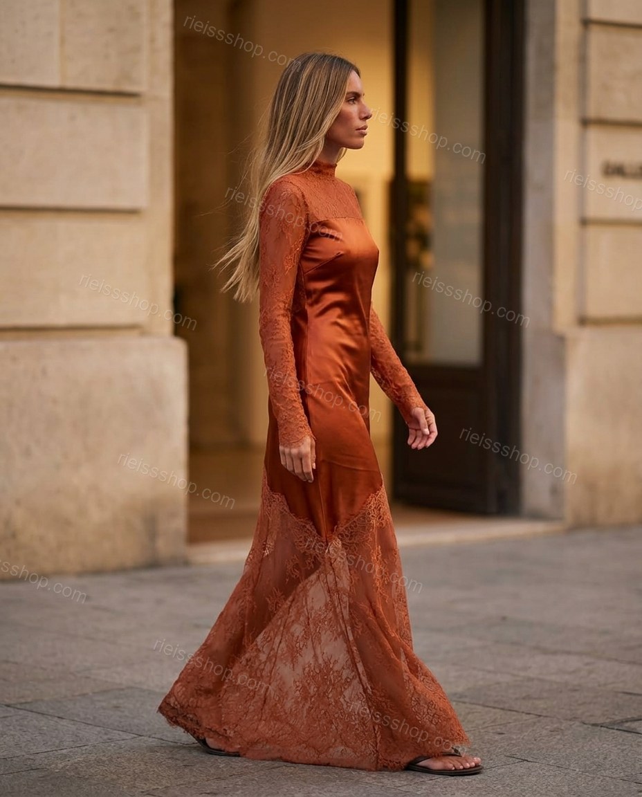 Rust Maxi Open-Back Satin Dress, alternate use-case lifestyle view, by Rieissshop